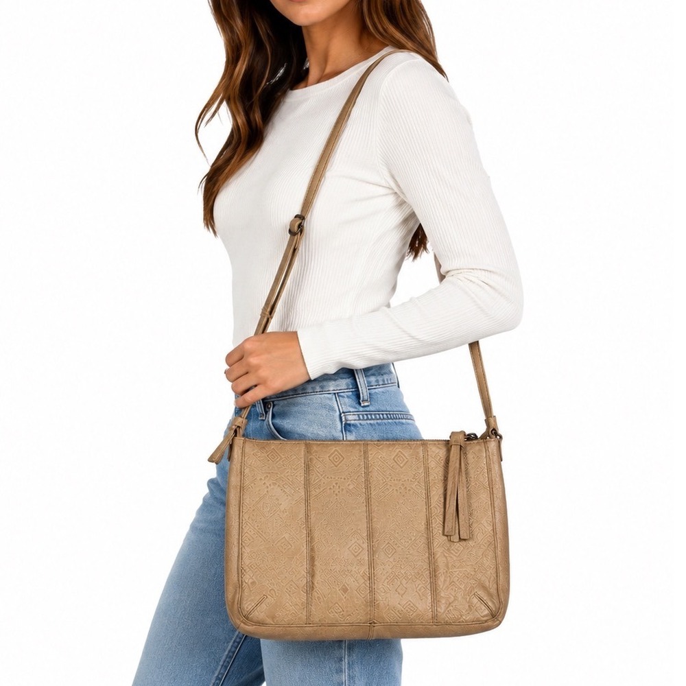 Day & Mood Anthropologie Vintage Y2K Tan Embossed Leather Crossbody Boho Bag
